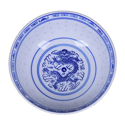 White ceramic ramen bowl with blue dragon pattern and traditional chinese motifs for dining room decorbites dragon pattern