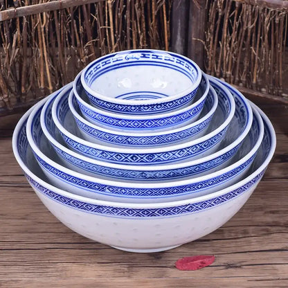 Set of five nested blue and white porcelain ramen bowls with intricate dragon pattern decorbites dragon pattern design