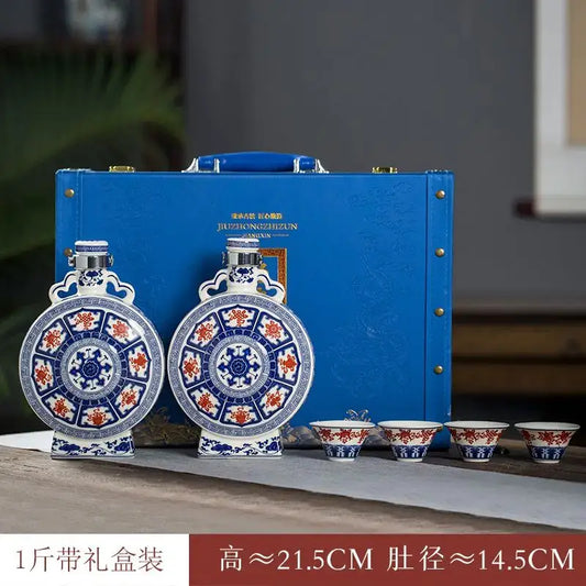 Blue and white eight treasures ceramic wine bottles with red floral patterns in matching blue carrying case for living room ornament