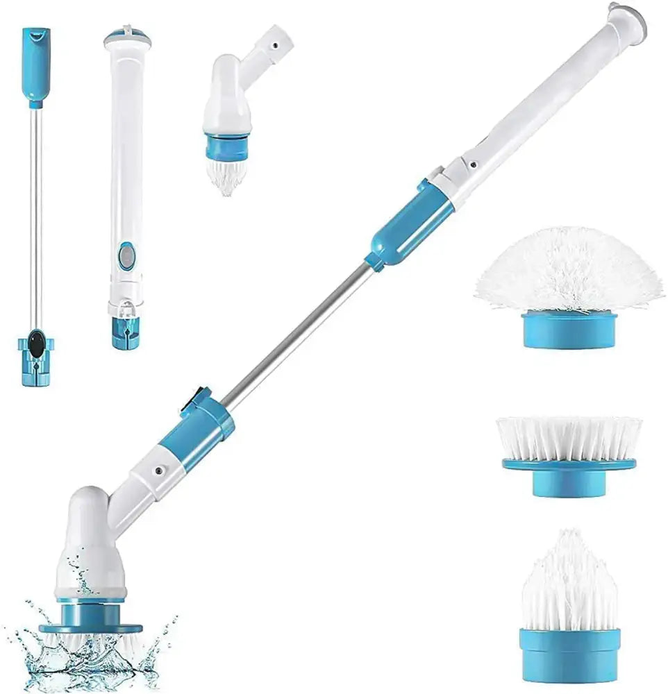 Blue and white electric spin scrubber brush set with multiple interchangeable attachments for bathroom cleaning