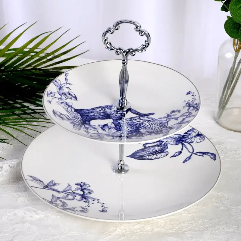 Blue and white floral porcelain two-tiered fruit plates with ornate silver handle for decorbites kitchenware dining experience