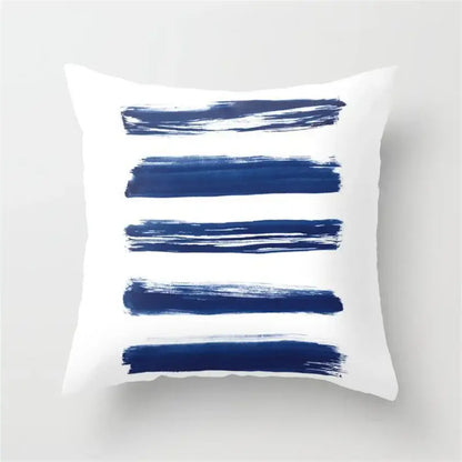 White throw pillow with five navy blue brushstroke patterns for decorbites geometric heart round living room decor