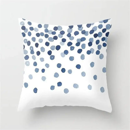 White throw pillow with navy and light blue paint-splatter dots for decorbites geometric heart round cushion cover decor