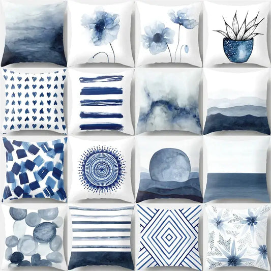 A collection of twelve blue and white geometric heart round throw pillows featuring decorbites geometric heart designs for living room decor