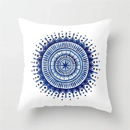 White throw pillow with detailed blue mandala geometric heart round design for decorbites geometric heart living room decor