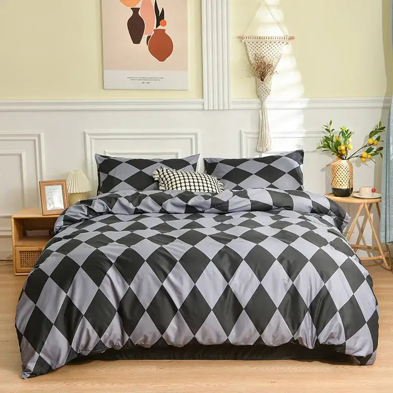 Black and gray diamond-patterned satin duvet cover set complementing decorbites geometric stripes bedding set for bedroom