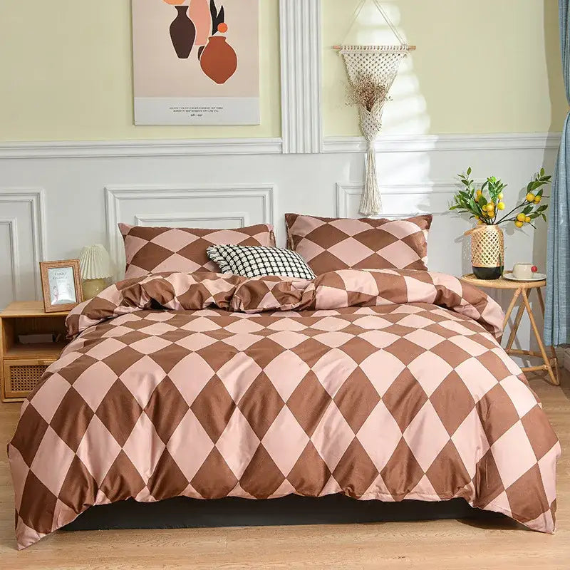 Brown and blush pink diamond pattern satin duvet cover set complementing decorbites geometric stripes bedding set