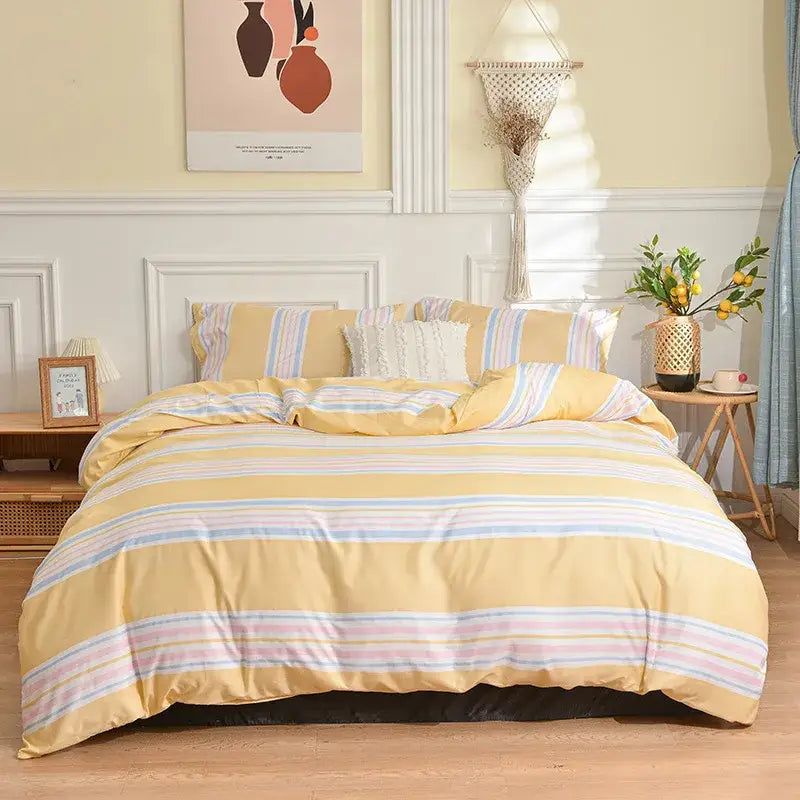 Yellow and pastel-striped duvet set in soft cotton fabric complements decorbites geometric stripes bedding set for bedroom