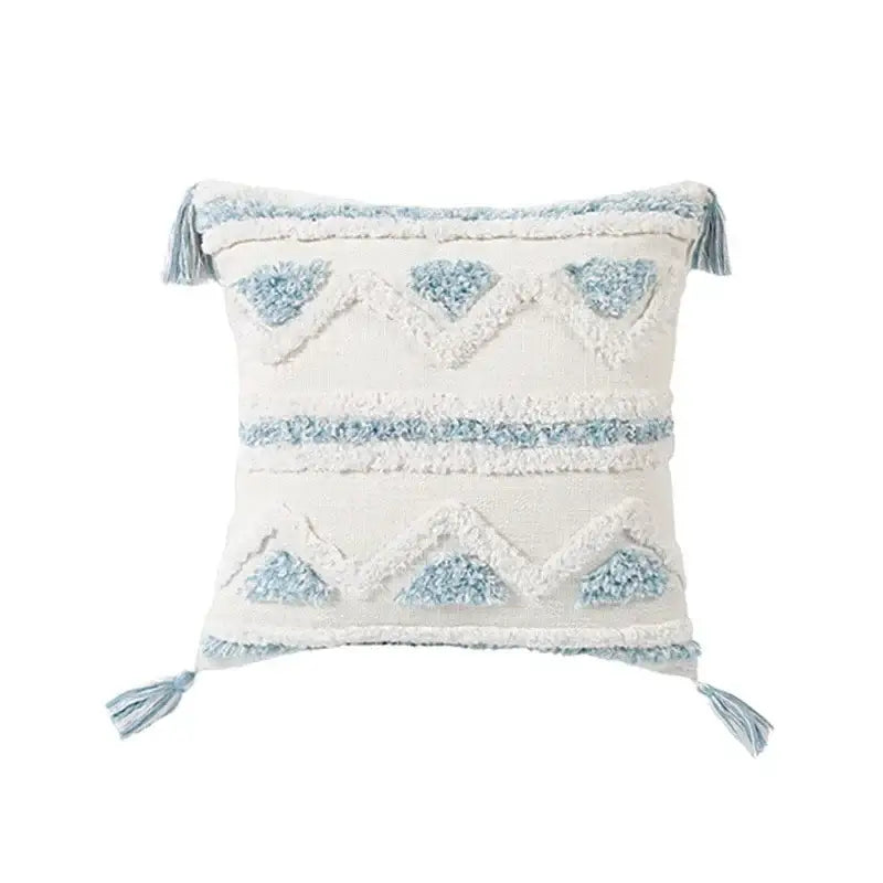 Cream-colored blue geometric tufted pillowcase set with light blue embroidery and matching tassels for bedroom decorbites