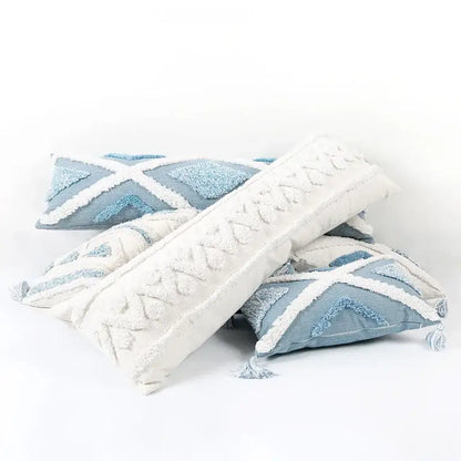 Blue and white geometric tufted pillowcase set with textured throw pillows and tassel accents for bedroom decorbites blue geometric