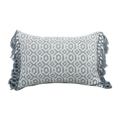 Gray and white geometric tufted rectangular pillow with fringed tassels from decorbites blue geometric pillowcase set