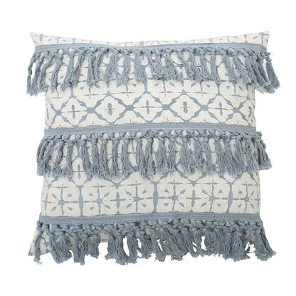 Square cream pillowcase set with blue geometric tufted patterns and gray fringe for decorbites blue geometric decor