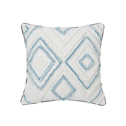 White throw pillow with textured light blue geometric embroidery from decorbites blue geometric tufted pillowcase set