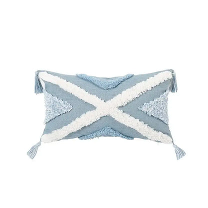 Light blue rectangular pillow with white cross patterns and tassels in decorbites blue geometric tufted pillowcase set