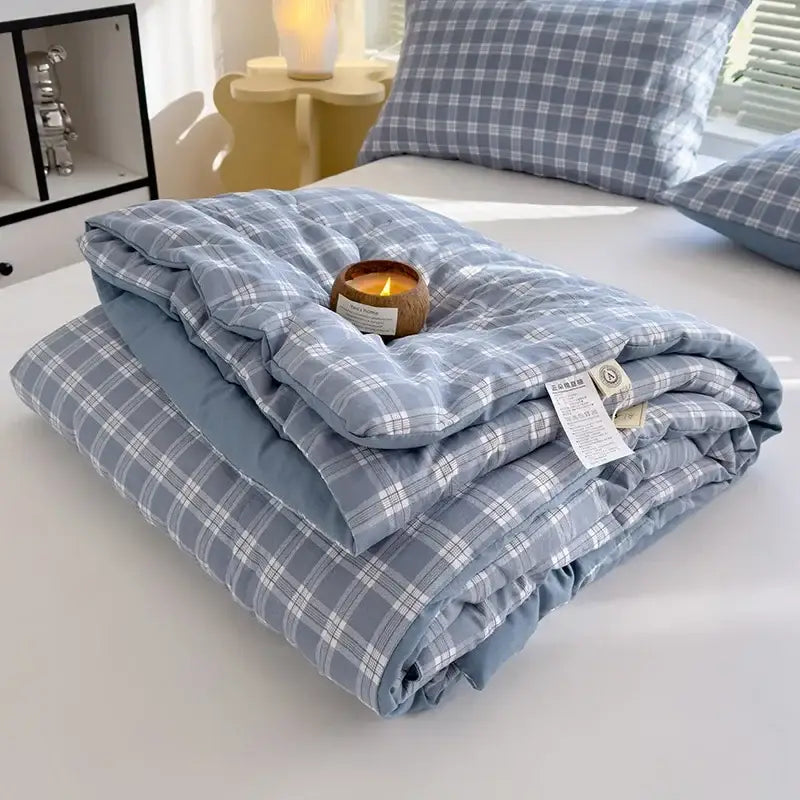Blue and white plaid cotton summer quilt with soft plush texture and soybean fiber filling for bedroom decorbites cotton summer use
