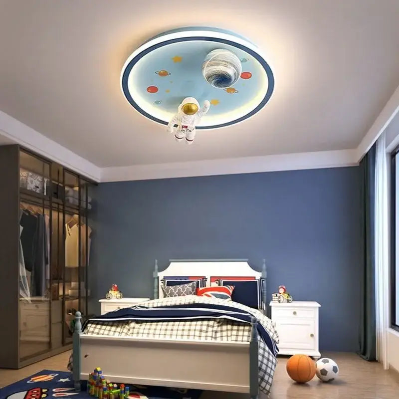 Blue and white space led cartoon chandelier with astronaut figurine and planet decorbites blue space kids ceiling light
