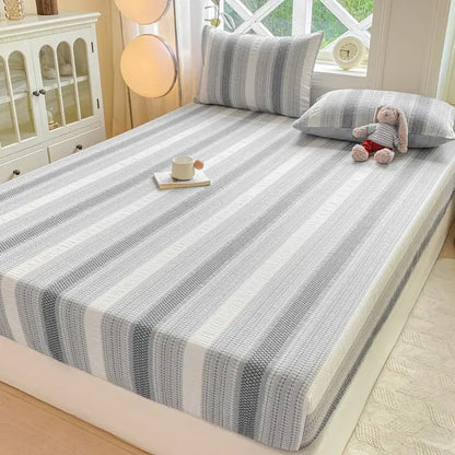 Gray and white striped cotton jacquard fitted sheet set with textured woven pattern for bedroom use