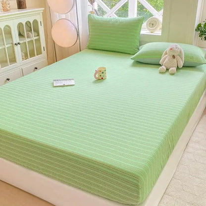 Light green striped fitted sheet with subtle ribbed texture in cotton jacquard sheet set for bedrooms