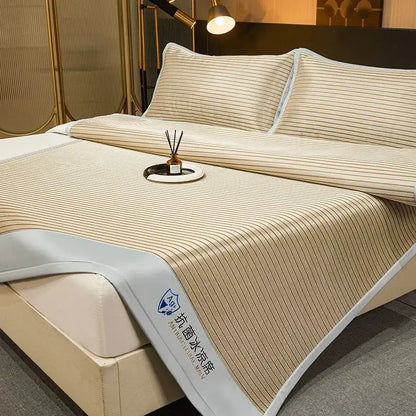 Beige and white striped cooling mat with bamboo texture and branded logo edge for decorbites ice silky cooling use