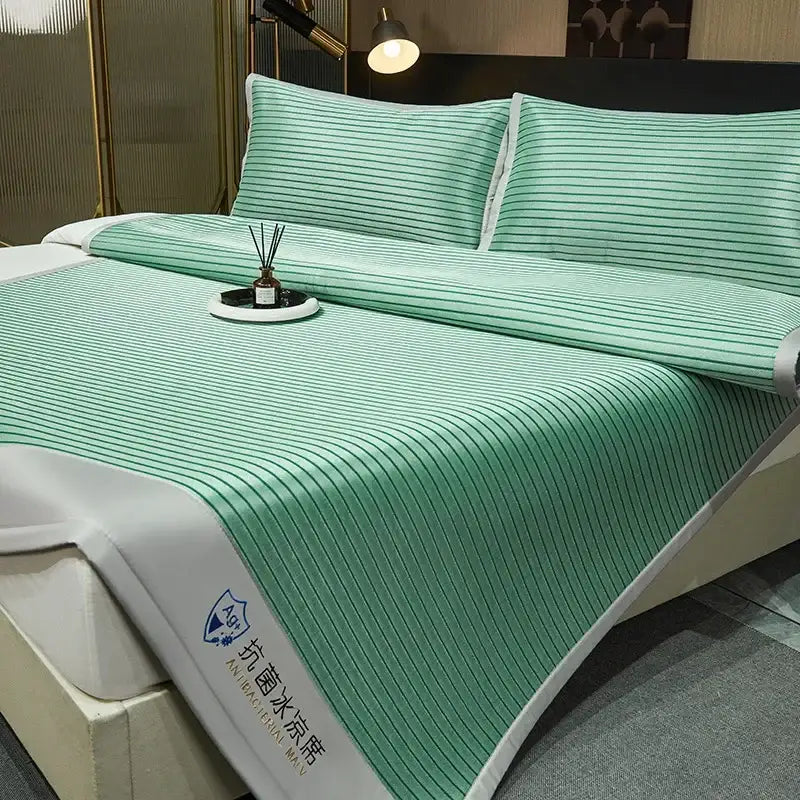 Green striped cooling mat with white trim and decorbites ice silky logo corner for ice silky cooling comfort