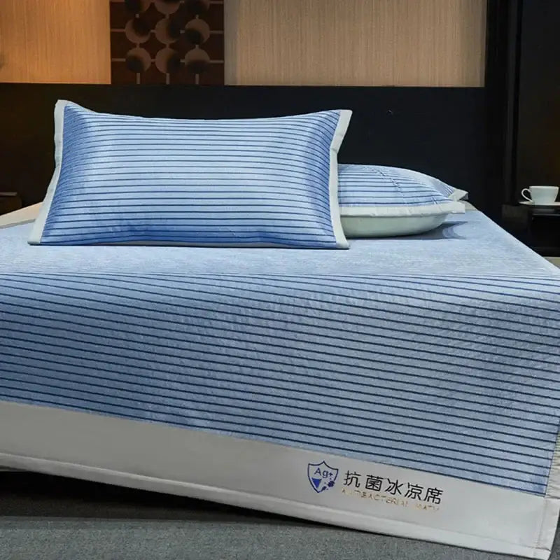 Blue and white striped ice silky cooling mat with antibacterial trim by decorbites for bedroom cooling mat use