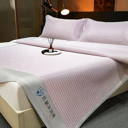 Pink striped cooling mat with white border and embroidered decorbites ice silky cooling pad for bedroom use