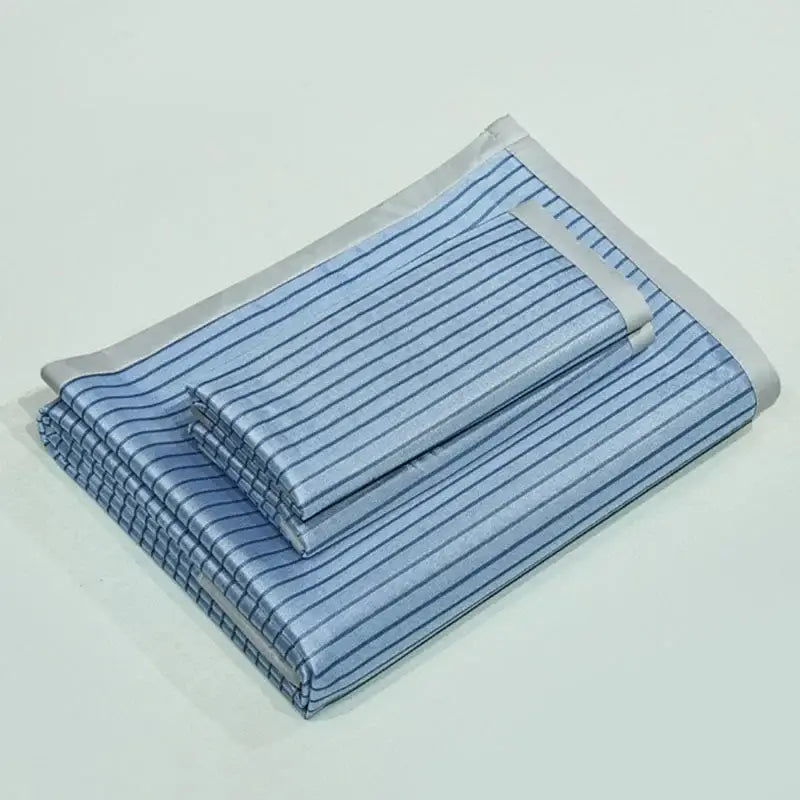 Blue and white striped satin-like towel set with gray trim for decorbites ice silky cooling mat bedroom pad