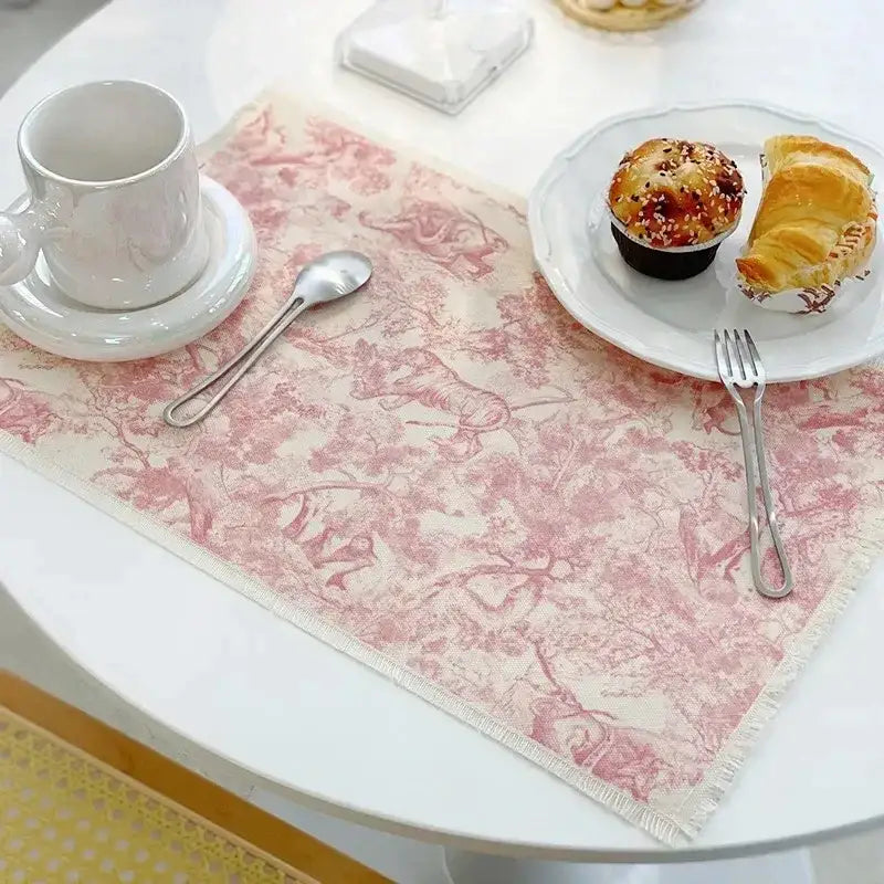 Pink and cream toile cotton linen place mat with frayed edges for kitchen dining decorbites cotton linen decorbites cotton linen place mat