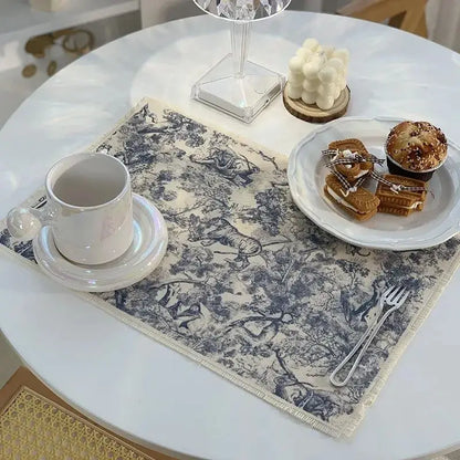 Blue and cream toile cotton linen place mat with frayed edges for kitchen dining decor by decorbites cotton linen