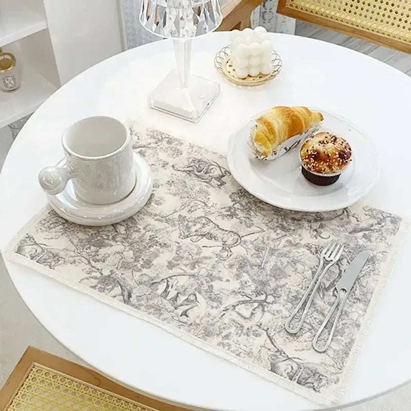 Gray and white toile cotton linen place mat with frayed edges for kitchen dining decorbites cotton linen use