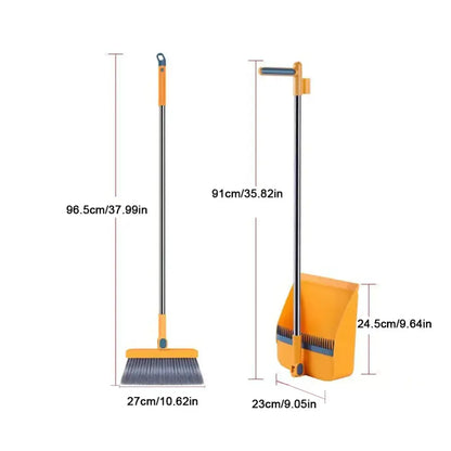 Orange plastic broom scoop set with metal telescoping handle for kitchen cleaning tool use