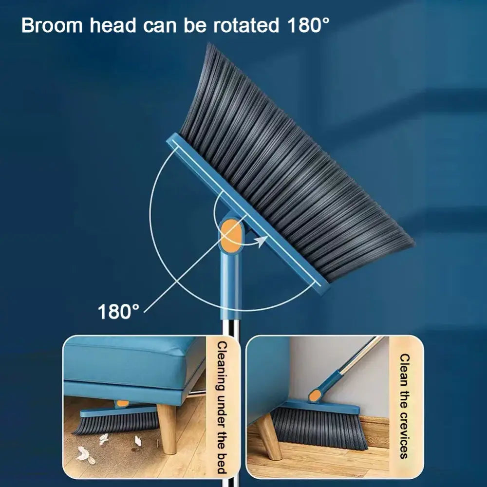Blue and yellow broom scoop set with blue-handled broom featuring black flexible bristles for versatile cleaning angles