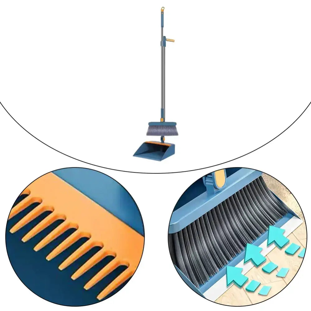 Blue and orange plastic broom scoop set with black bristles and telescoping handle for kitchen cleaning tasks