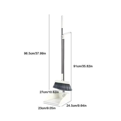 White plastic broom scoop set with silver metal handle and black bristles for kitchen cleaning tool