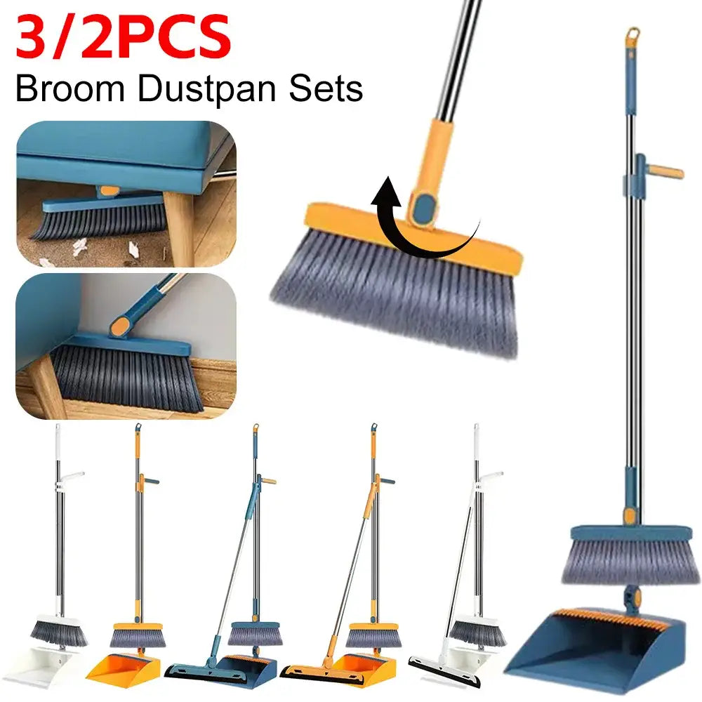 Blue and yellow broom scoop set with gray bristles and telescoping handle for kitchen cleaning tools