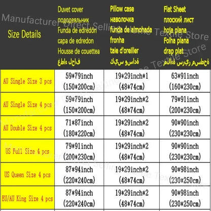 Product size chart for blue and yellow soft plush bedding set showing dimensions for decorbites comfort king size and others