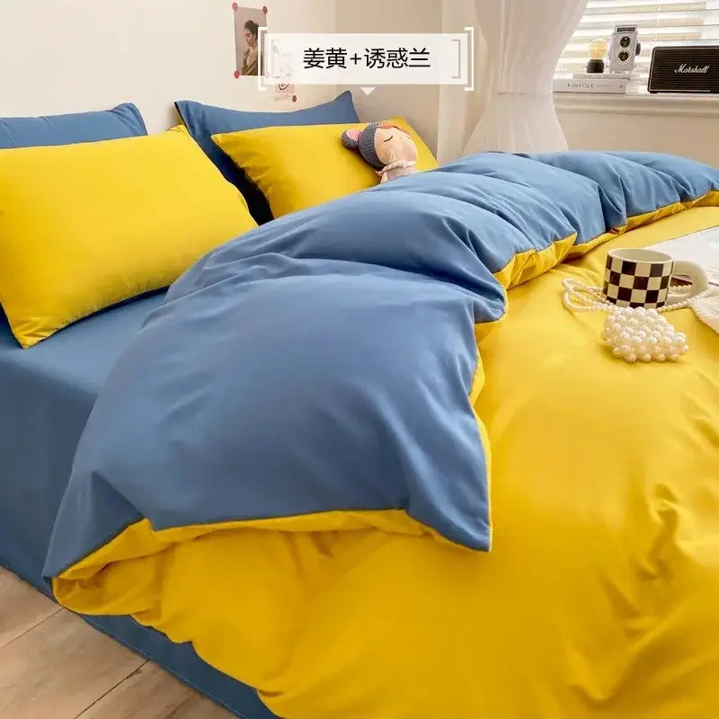 Blue and yellow two-tone soft plush bedding set with decorbites comfort king size fabric for bedroom comfort