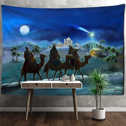 Blue camel printed polyester christmas tapestry home decor featuring three wise men under a bright star