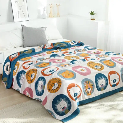 A cozy white cotton cartoon cat summer quilt with vibrant cartoon lions and tigers for bedroom leisure decorbites cartoon cat
