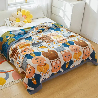 Blue cartoon cat summer quilt cotton leisure blanket with playful cartoon cat pattern and gray trim for decorbites decor