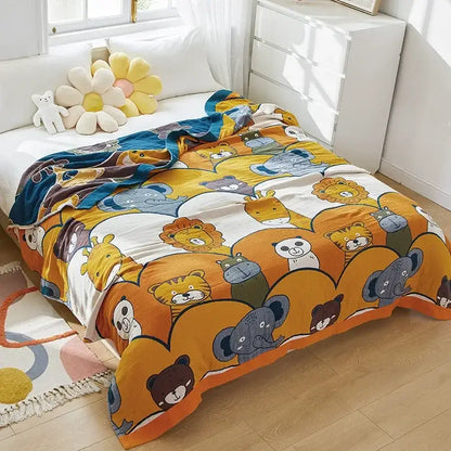 A cozy cotton cartoon cat summer quilt blanket with playful lions elephants and pandas in blue yellow orange and gray