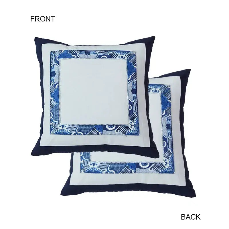 Square-shaped decorbites blue chinoiserie bedroom cushion with white center and intricate blue embroidered patterns