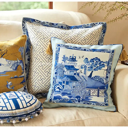 Blue chinoiserie home pagoda bolster pillowcase with blue and white porcelain-style embroidery and tassels decorbites blue chinoiserie
