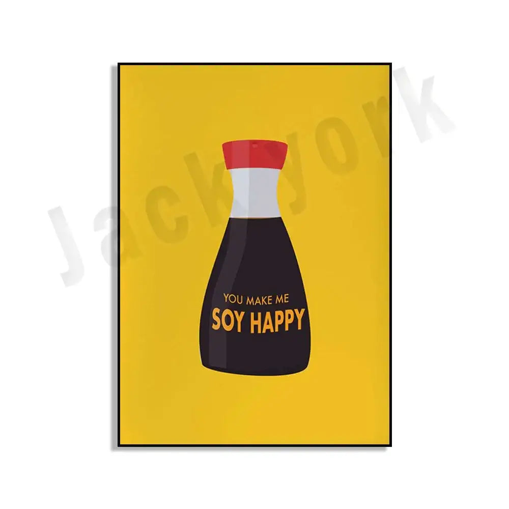 Minimalist soy sauce bottle illustration with red cap and you make me soy happy text in blue cool beans kitchen wall art set