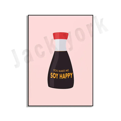 Black soy sauce bottle with red and white cap and gold lettering you make me soy happy in decorbites blue cool beans wall art set