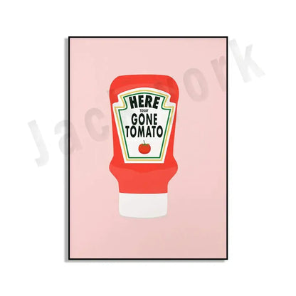 Red and white tomato ketchup bottle art print from decorbites blue cool beans pesto pasta framed kitchen wall art set of 6