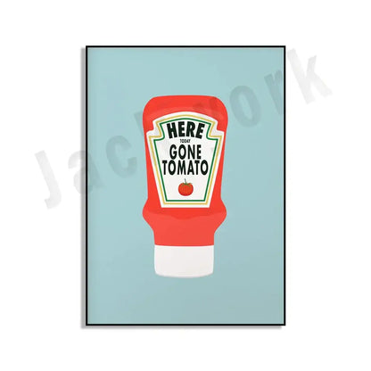 Red and white heinz ketchup bottle illustration with here today gone tomato label in blue cool beans pesto pasta wall art set