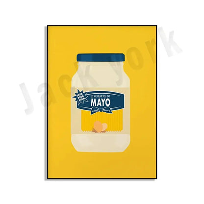 A stylized illustration of a mayonnaise jar with blue lid and label in decorbites blue cool beans pesto pasta wall art set