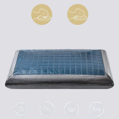 Blue crocodile-skin textured memory foam pillow with black leather-like outer shell featuring decorbites bamboo charcoal