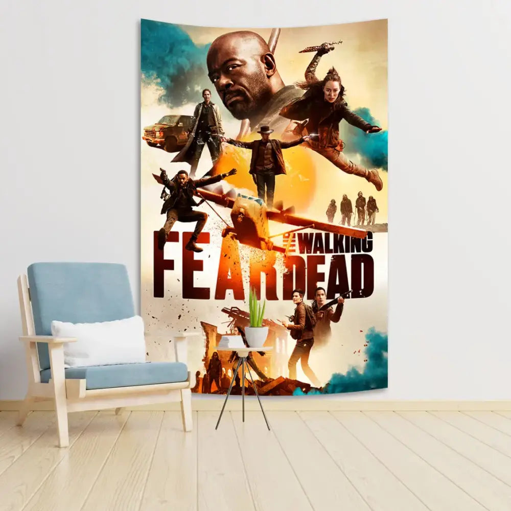 Blue decorbites daryl dixon tapestry bedroom wall art with bold red and black lettering and action scene background